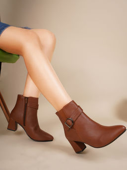 SHUZ TOUCH - Women Tan Solid Mid-Top Heeled Boots