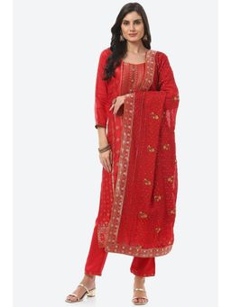 Biba - Red Banarasi Embellished Unstitched Suit (Set of 3)