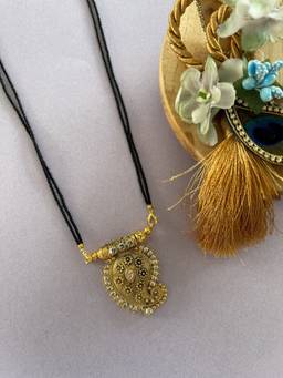 Digital Dress Room - Fancy Long Mangalsutra Design Flower Pendant Traditional Simple Black Beads Chain