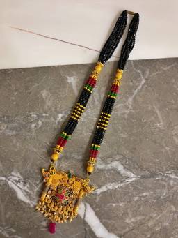 Digital Dress Room - Long Gold Plated Mangalsutra with Peacock Pendant & Crystal Beads
