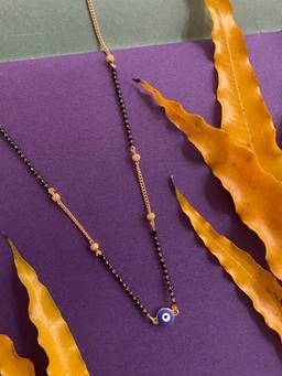 Digital Dress Room - Gold Plated Short Mangalsutra Designs Evil Eye Pendant Black Beads Gold Chain