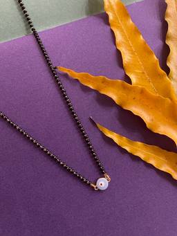 Digital Dress Room - Gold Plated Short Mangalsutra Designs Blue Evil Eye Pendant Black Beads Chain