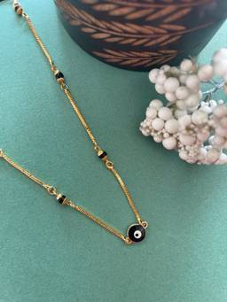 Digital Dress Room - Gold Plated Short Mangalsutra Designs Evil Eye Pendant Black Beads Gold Chain