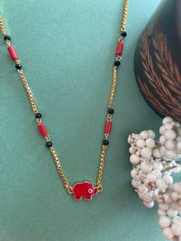 Digital Dress Room - Gold Plated Short Mangalsutra Designs Red Elephant Evil Eye Red/Black Bead Chain