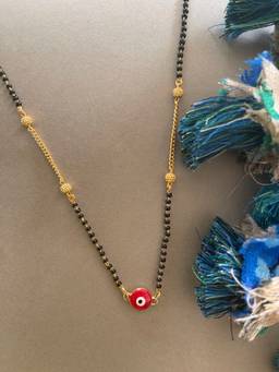 Digital Dress Room - Gold Plated Short Mangalsutra Designs Evil Eye Pendant Black Beads Gold Chain