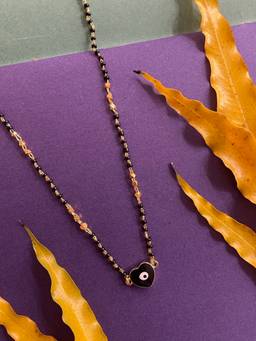 Digital Dress Room - Gold Plated Short Mangalsutra Designs Heart Evil Eye Pendant Black Beads Chain