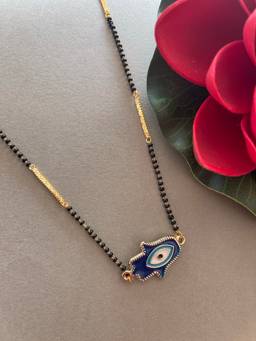 Digital Dress Room - Gold Plated Short Mangalsutra Designs Hamsa Evil Eye Pendant Black Beads Chain