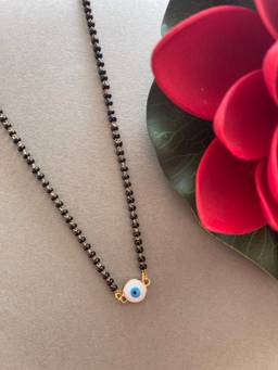 Digital Dress Room - Gold Plated Short Mangalsutra Designs Evil Eye Mini Pendant Black Beads Chain