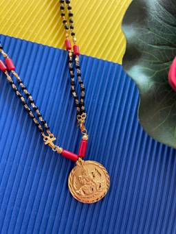 Digital Dress Room - Long Gold Mangalsutra with Lakshmi Coin Pendant & Black Red Beads