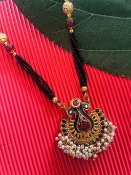 Digital Dress Room - Long Gold Mangalsutra with Peacock Pendant & Multicolor Beads