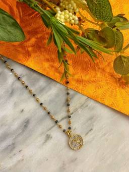 Digital Dress Room - Long Gold Mangalsutra with Om Pendant & Crystal Black Beads