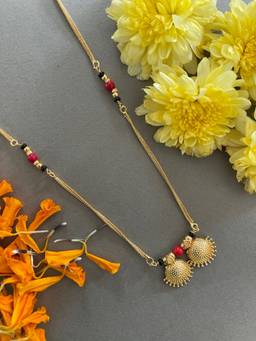 Digital Dress Room - Long Gold Mangalsutra with Vati Pendant & Red Black Beads