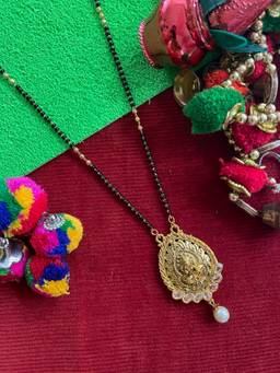 Digital Dress Room - Long Gold Mangalsutra with Lakshmi Pendant & Black Beads