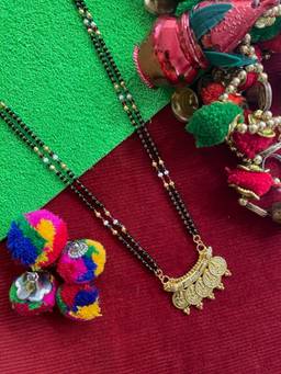 Digital Dress Room - Long Gold Mangalsutra with Lakshmi Pendant & Tricolor Chain