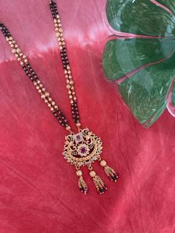 Digital Dress Room - Long Mangalsutra Designs Peacock American Diamond Mangalsutra Black Beads Chain