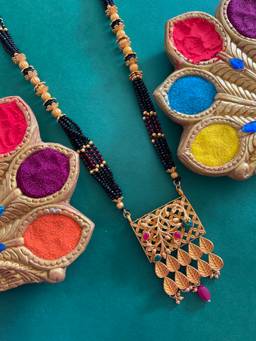 Digital Dress Room - Gold Plated Heavy Long Mangalsutra Designs Red/Green/Gold And Black Beads Chain