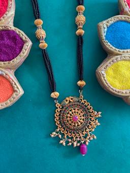 Digital Dress Room - Gold Plated Heavy Long Mangalsutra Designs With Latkan Gold And Black Beads Chain
