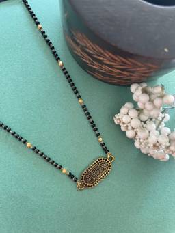 Digital Dress Room - Gold Plated Short Mangalsutra Designs Om Swastik Pendant Gold/Black Beads Chain