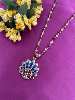 Digital Dress Room - Long Gold Plated Maharashtrian Mangalsutra with Blue Peacock Pendant