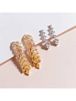 Salty - Golden Leaf And Crystal Cascade Earrings (Pack Of 2)