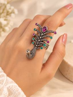 VIRAASI - Oxidised Silver Peacock Statement Ring