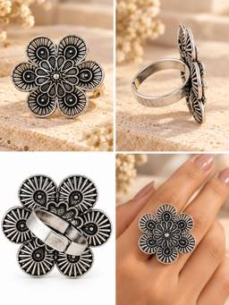 VIRAASI - Oxidised Silver Floral Statement Ring