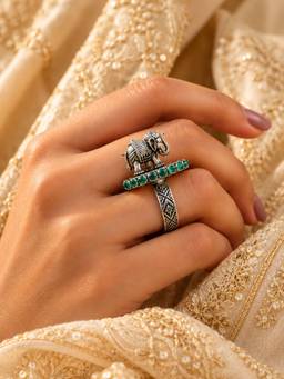 VIRAASI - Antique Elephant Green Stone Ring