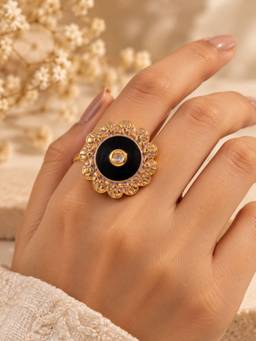 VIRAASI - Gold Floral Black Stone Ring