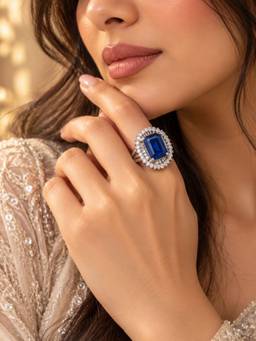 VIRAASI - Royal Blue Sapphire Halo Statement Ring