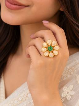 VIRAASI - Golden Pearl Floral Adjustable Ring