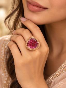 VIRAASI - Red Floral Halo Statement Ring