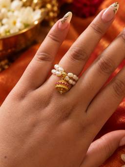 Inaya Accessories - 18K Gold Plated Women's Pearl Ghungroo Jhumka Ring, Kajol