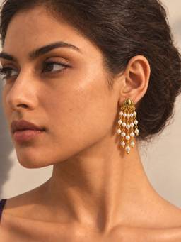 Inaya Accessories - 18K Gold Plated Women's Lotus Pearl Tassel Drop Earrings, Naaz