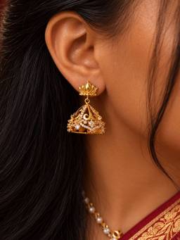 Inaya Accessories - 18K Gold Plated Women's Temple Lotus Jhumka Earrings, Nazm