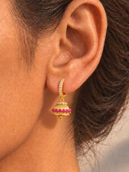 Inaya Accessories - 18K Gold Plated Women's Ruby Zircon Jhumka Hoop Earrings, Nuvi