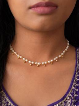 Inaya Accessories - 18K Gold Plated Women's Pearl Bell Charm Choker Necklace, Panache