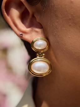 Inaya Accessories - 18K Gold Plated Women's Double Oval Pearl Earrings, Tamara