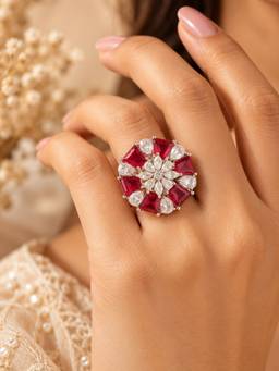 VIRAASI - Ruby Red Floral Statement Ring
