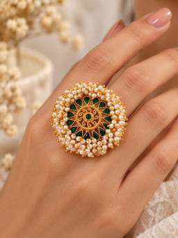 VIRAASI - Emerald Pearl Gold Statement Ring