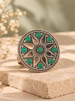 VIRAASI - Green Stone Oxidized Statement Ring