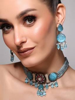 VENI - 92.5 Silver-Plated Stone Studded Jewellery Set