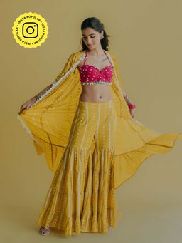 Old Marigold - Aisha Yellow Cotton Embroidered Blouse With Sharara And Cape (Set of 3)