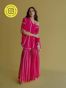 Old Marigold - Alia Magenta Cotton Embroidered Kaftan With Blouse And Sharara (Set of 3)