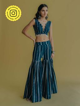 Old Marigold - Inaya Teal Cotton Embroidered Blouse With Sharara (Set of 2)