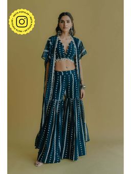 Old Marigold - Inaya Teal Cotton Embroidered Blouse With Sharara And Cape (Set of 3)