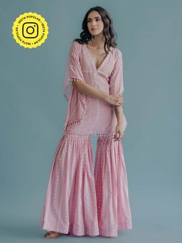 Old Marigold - Laila Pink Cotton Embroidered Kaftan With Blouse And Sharara (Set of 3)