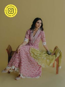 Old Marigold - Meher Pink Cotton Floral Anarkali Kurta