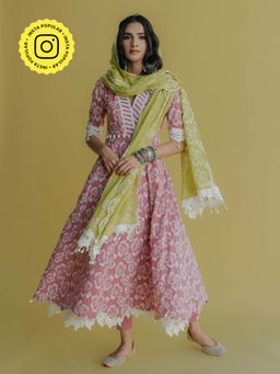 Old Marigold - Meher Pink Cotton Floral Anarkali Kurta With Pant And Dupatta (Set of 3)