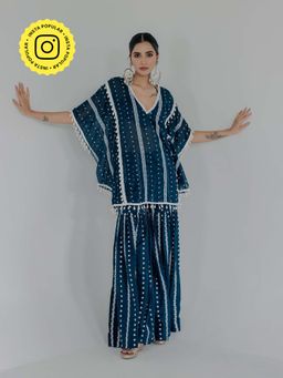 Old Marigold - Saira Navy Blue Cotton Embroidered Kaftan With Sharara And Blouse (Set of 3)