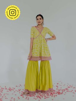 Old Marigold - Shireen Yellow Cotton Floral Kurta With Sharara (Set of 2)